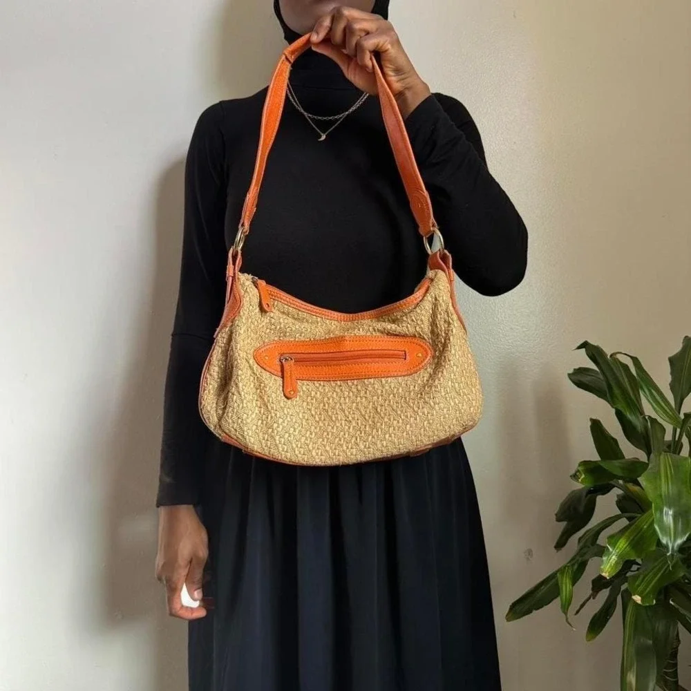 Vintage Y2K Stone Mountain Straw & Leather Hobo Bag‎